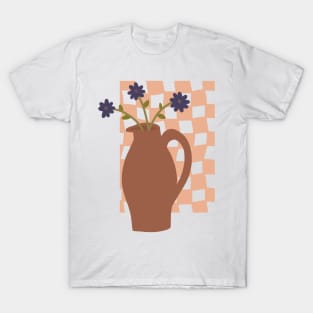 large terracotta vase with a trio of blue flowers on checkerboard background T-Shirt